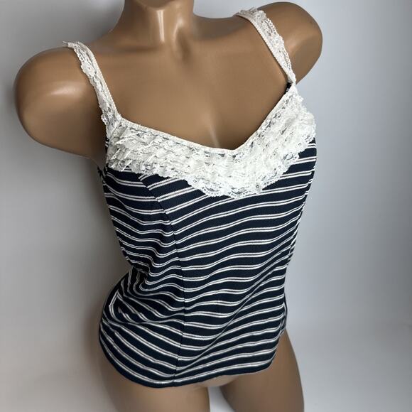 Gloria Caram Y2K Stripe Lace Tank Top S Navy Coquette England Eurocore Cute - Picture 1 of 13